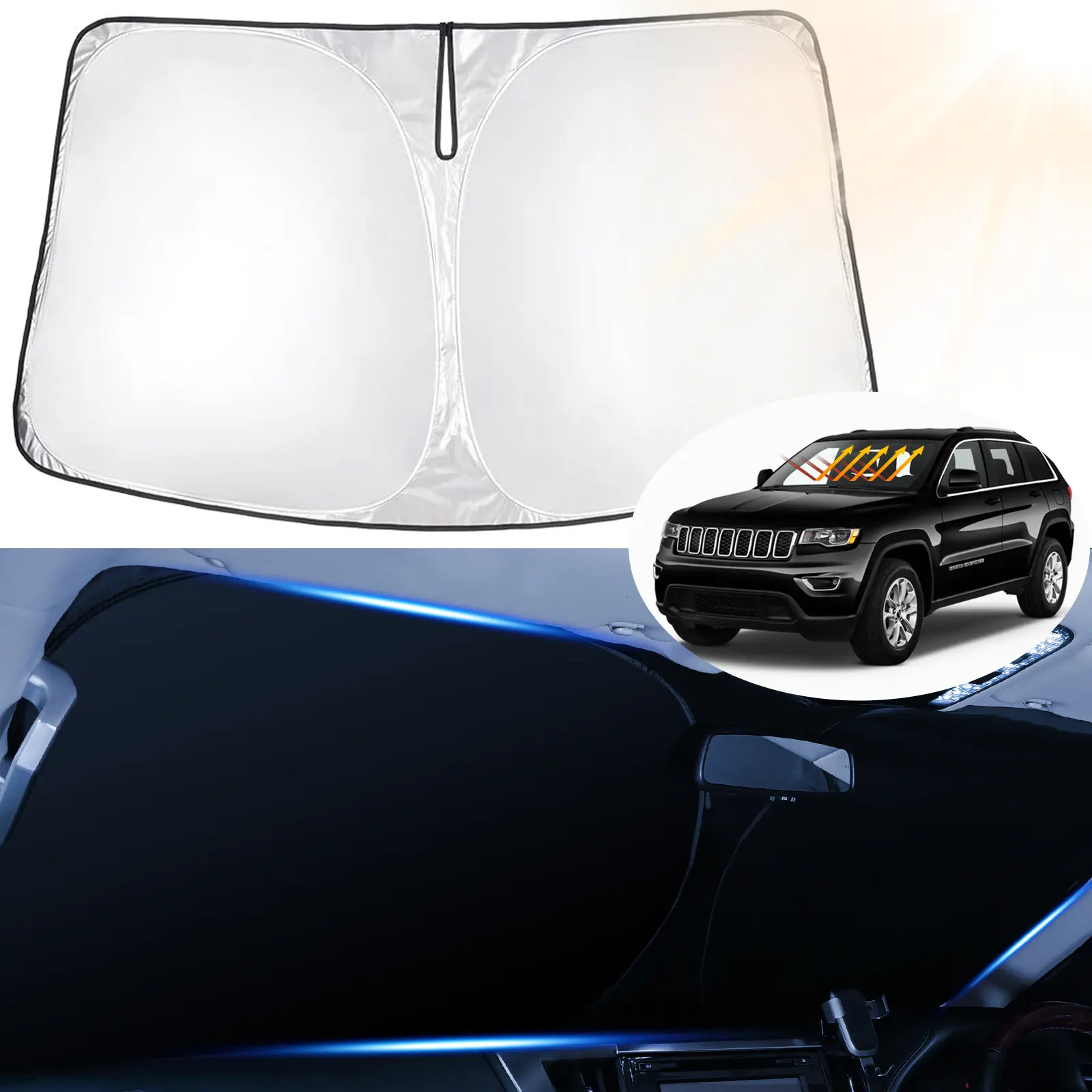 Canvcle Durable Sun Shade for 2011-2026 Jeep Grand Cherokee/Grand Cherokee L SUV, 240T Higher Density 5-Layer UV-Protective Windscreen Shade Cover, Foldable Outdoor Travel Car Cooler, Sunshade for Car Outside