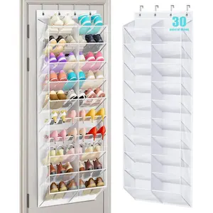 30 Pairs Over the Door Shoe Organizer Breathable Mesh  Shoe Rack for Closet Storage with Wide Deep Pockets 10 Tier Shoes Holder Fit  the Family's Sneakers, Boots, Heels (White, 71")