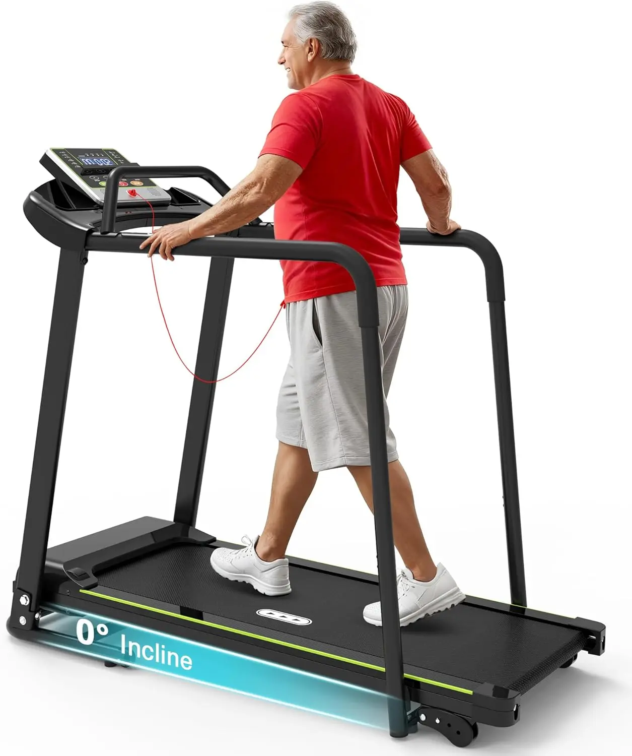 Redliro Walking Treadmill for Seniors with Long Handrails - 0.3 MPH Slow Start, 300 lb Capacity Recovery Foldable Treadmill for Home, 0–2% Incline Fully Flat, Auto Lubrication