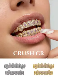 CRUSH CR 18K Gold Plated Iced Out Pink Heart Full Diamond Grillz Set for Men Women, Hypoallergenic Removable Top Bottom Tooth Caps, Tooth Gem, Perfect for Hip Hop Concerts, Music Festivals, Club Nights and Raves, Heavyweight Bling Y2K Dental Jewelry