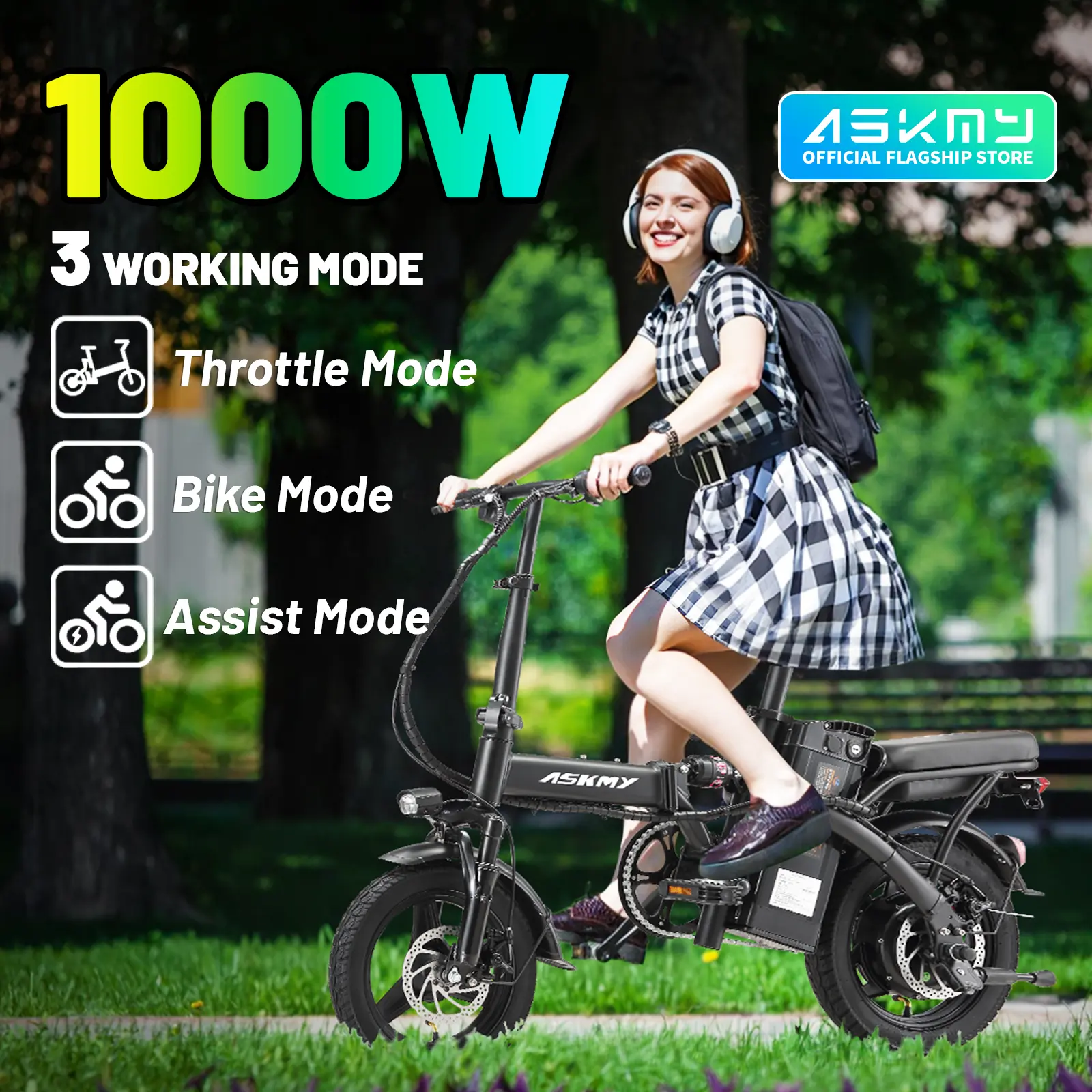 ASKMY E14 Compact Folding E-Bike Up to 1000W Peak Power – 45 Miles Extended Range | 14" Tires, Dual Disc Brakes | UL Certified Safe Battery, Portable Urban Commuter Electric Bike