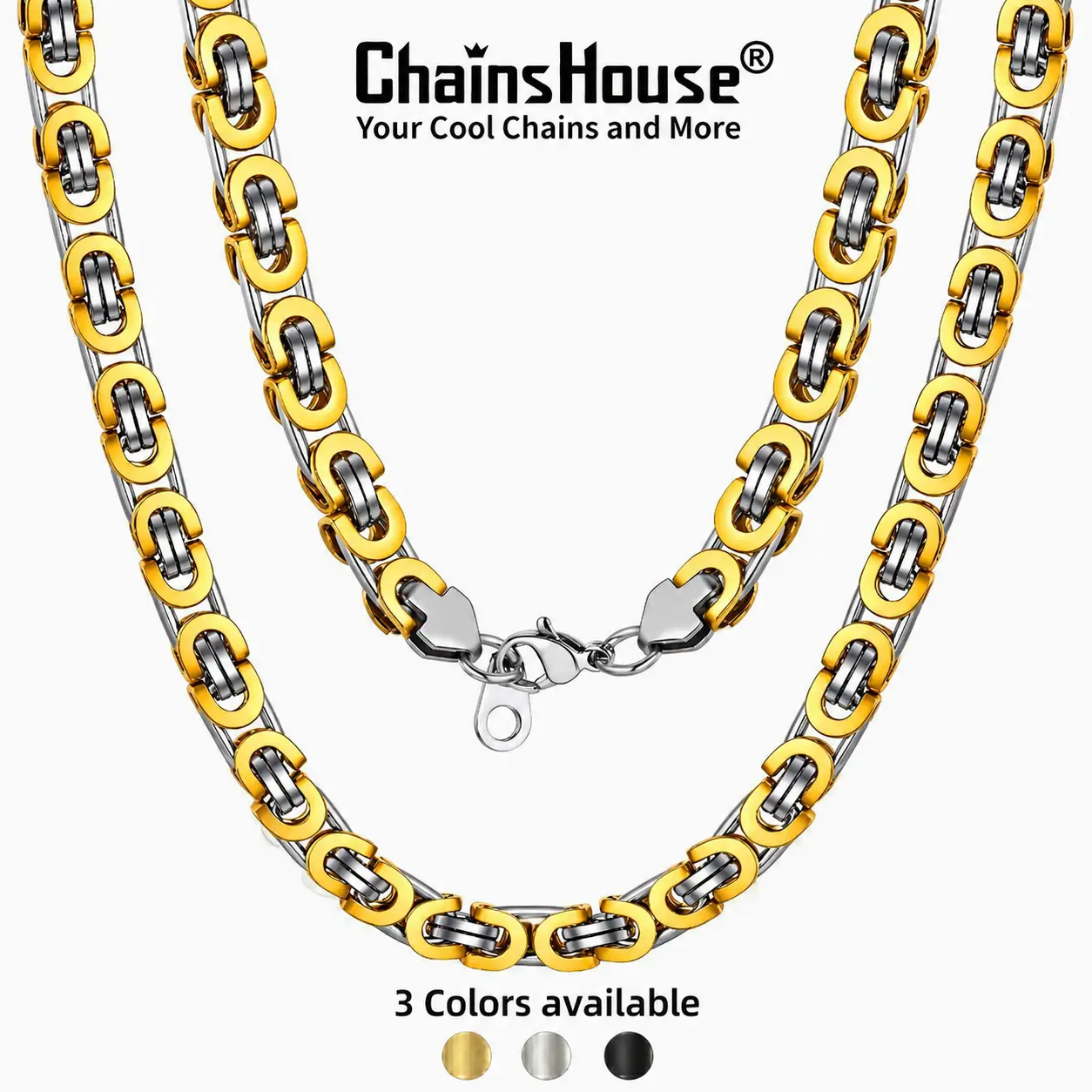 ChainsHouse Flat Byzantine Link Necklace Summervibe Wide 6、8、10mm  (18-30") Chain for Women & Men Stainless Steel in Steel, Steel/Black & Steel/Golden, Multi-Layer Wear with Gift Box Included CHN18307