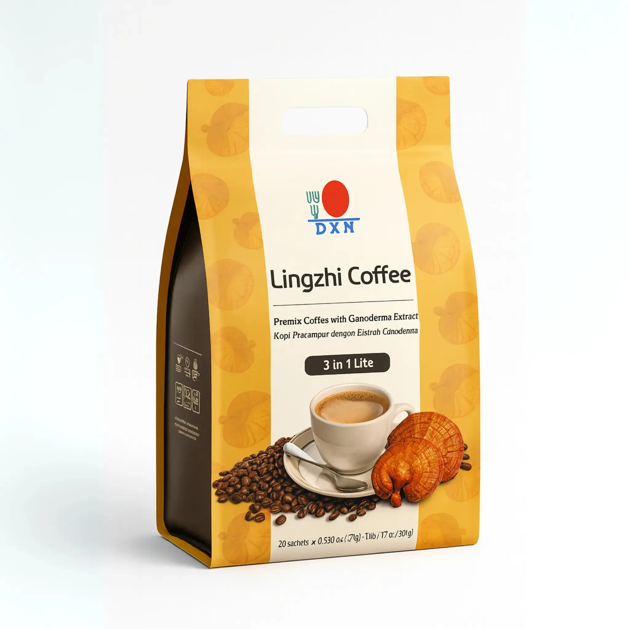 DXN Lingzhi Coffee Lite 3-in-1 20-Pack Natural Organic Ganoderma Coffee Instant Beverage with Immune Support & Vitality Boost - Bean