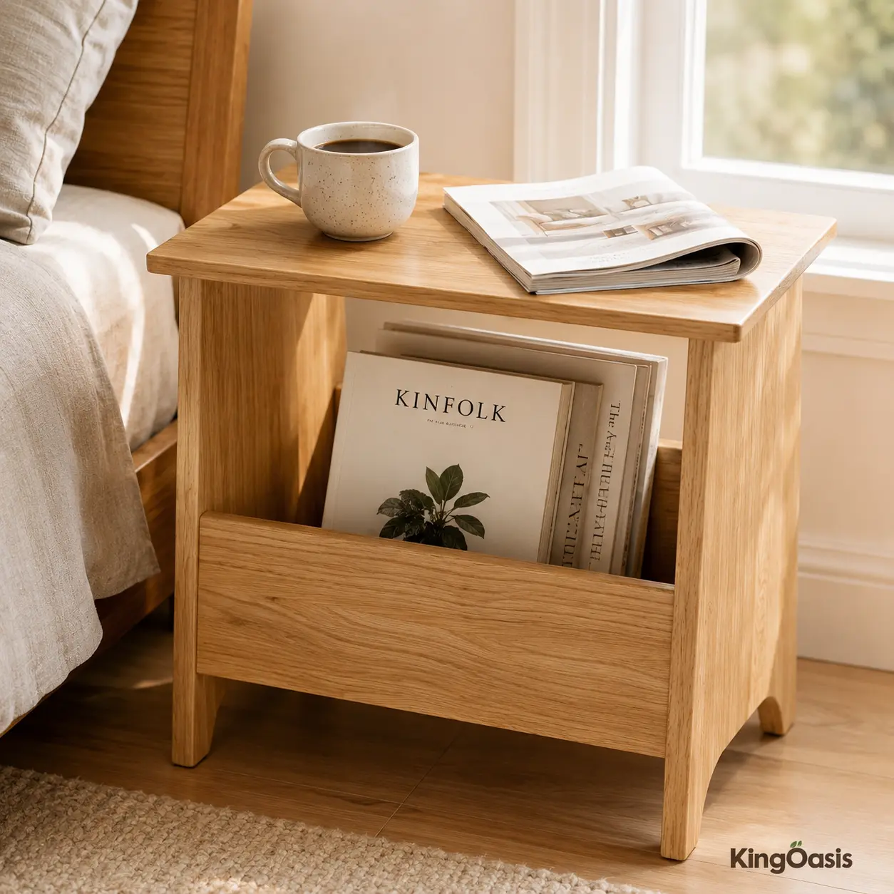 King Oasis Slim Oak Bedside Nightstand - Minimalist Bedroom Slim Space Saver, Contemporary End Table, Bed Side Table, Indoor Furniture with Easy Reach Open Storage for Small Rooms