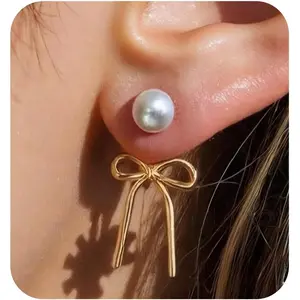 Gold Bow Earrings for Women, Long Tassel Chain Drop Earrings, Trendy Small Bow Earrings, Ribbon Waterfall Dangling Earrings, Pearl Bow Earrings, Sparkly Elegant Bowknot Preppy Jewelry Gifts for Women