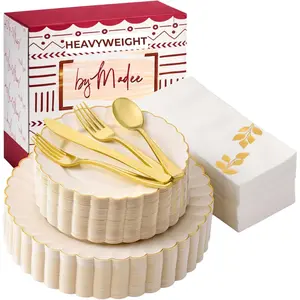 HEAVYWEIGHT 175 Pc Fancy Dinnerware Sets| Ivory Scalloped with Gold Trim| Nice Disposable and Cutlery Set with Glam (50 Guests)