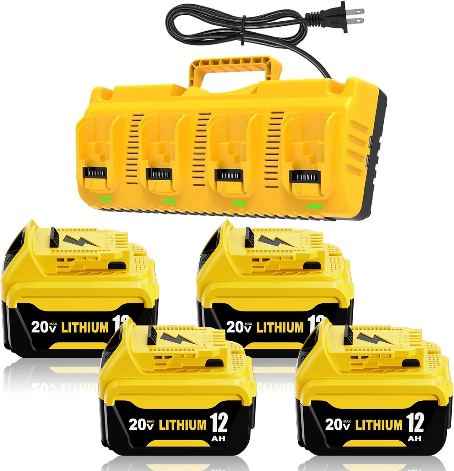 4Packs 12Ah High-Capacity Lithium Ion Replacement Battery for Dewalt 20V DCB206, 207, 204, 200, 201 Series Power Tools, Compatible with DCB104 4-Port Charger, Durable for Construction Use