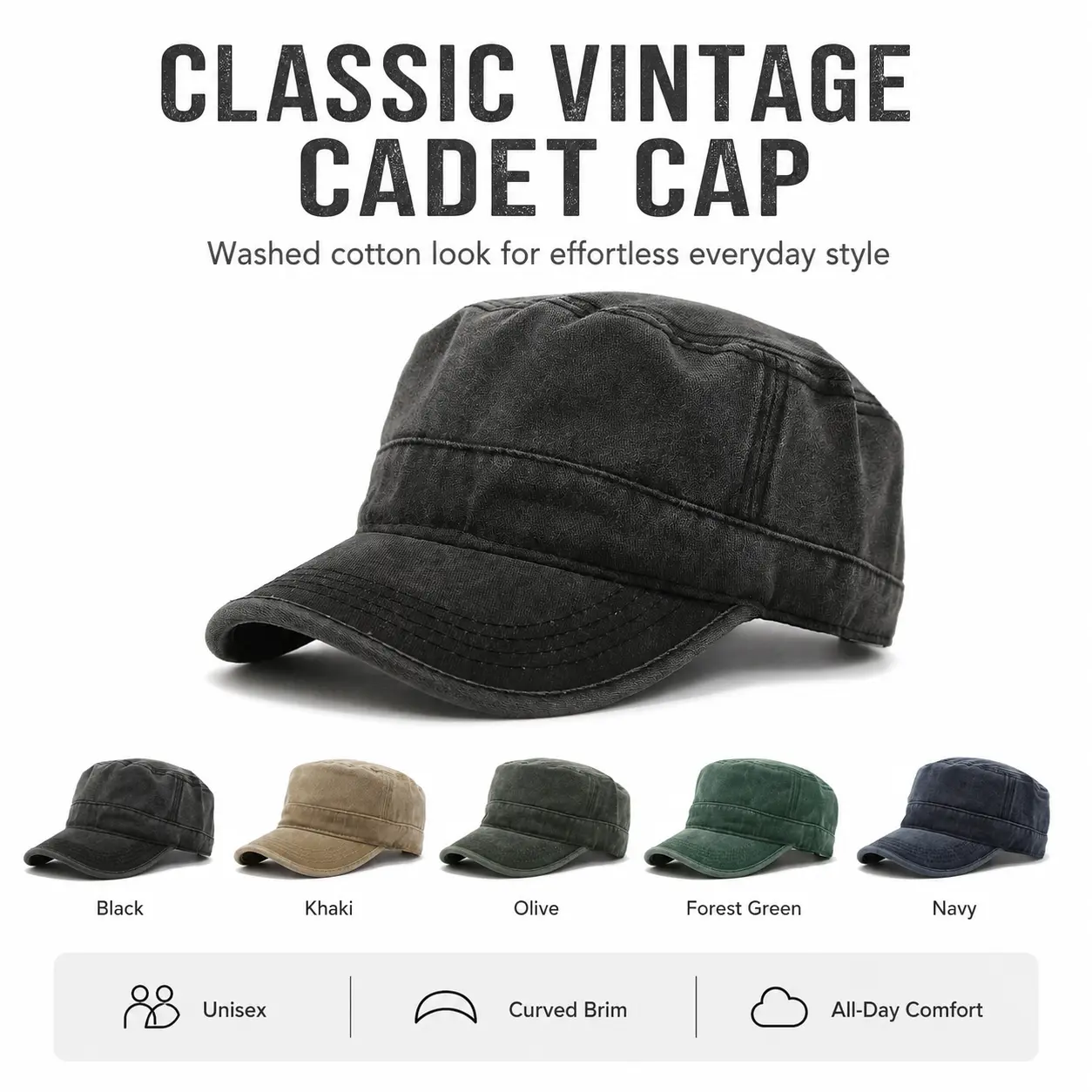 Unisex Vintage Washed Cadet Cap, Adjustable Cotton Military Style Flat Top Hat for Men Women, Casual Outdoor Sun Hat