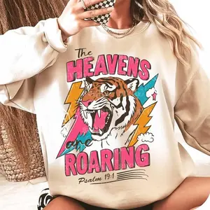 The Heavens Are Roaring Sweatshirt – Bold Tiger And Lightning Graphic With Psalm 19:1 Bible Verse , Faith-Based Christian Apparel , Retro Boho Style , Unisex Pullover , Jesus Inspired Fall Shirt  Womenswear Crewneck