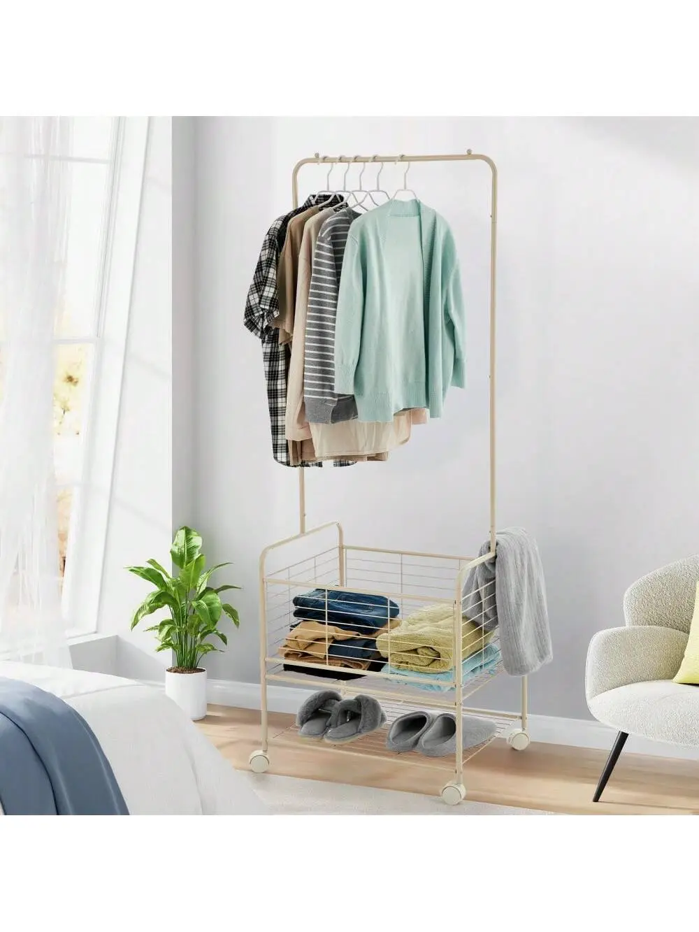 Gaomon Multifunctional 3-In-1 Metal Rolling Laundry Cart with Shelf - 24.4" w x 19.7" d x 67.7" h Beige, Rolling Wheels, Hangable Drying Rack, Garment Rack, Secure Smooth Mobility, Space-Saver Single Unit for Small Apartments, Bath (Up to 8 Bath Towels),