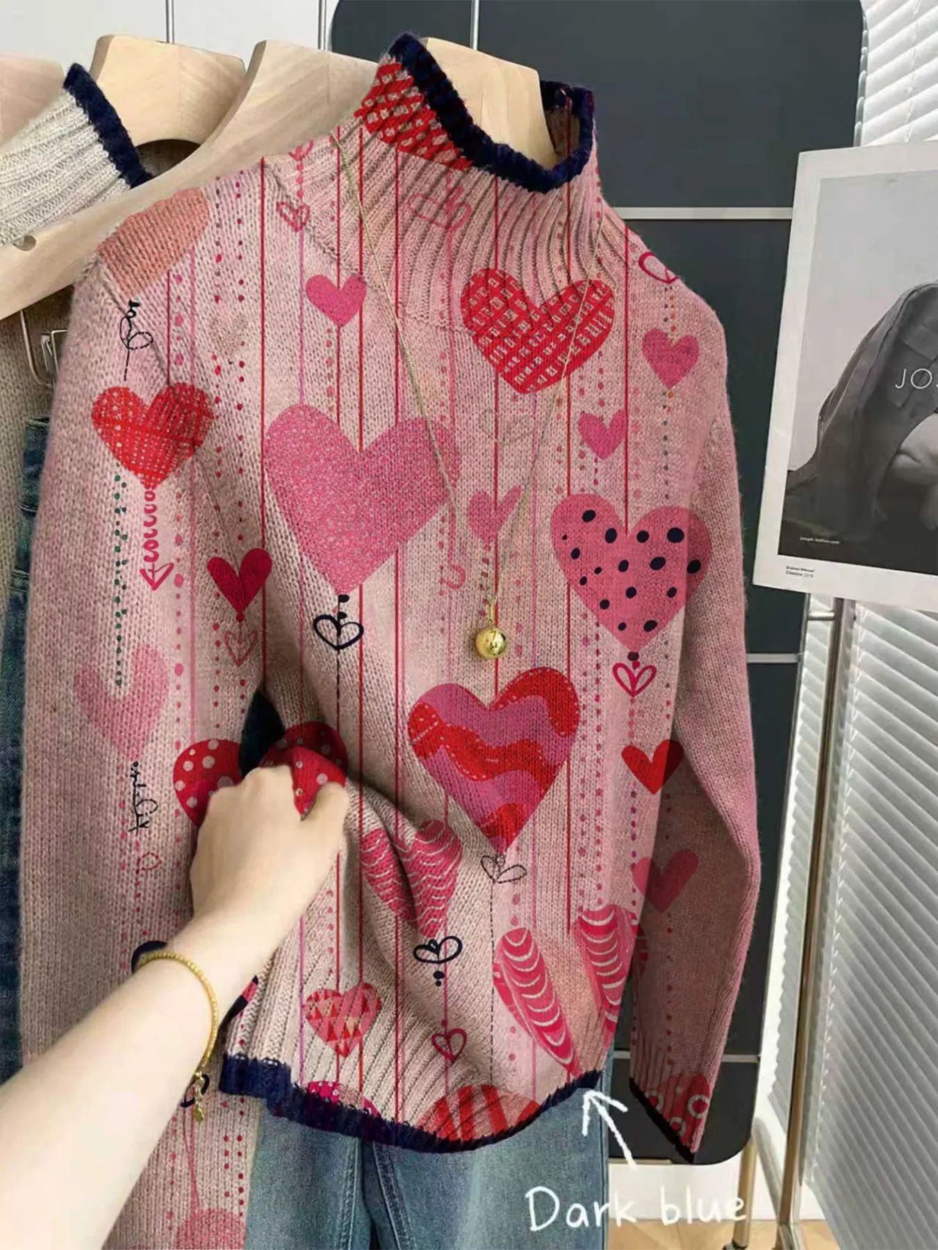 Women's Casual Knit Sweater, Heart Pattern, Deep Blue Border Hearts Print, Half High Neck Gradient Color, Spring Fall Winter