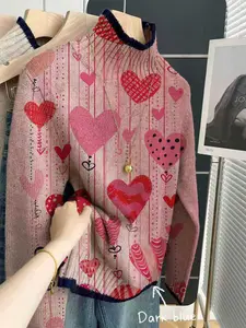 Women's Casual Knit Sweater, Heart Pattern, Deep Blue Border Hearts Print, Half High Neck Gradient Color, Spring Fall Winter