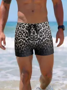 Men's Leopard Print Gradient Color Swim Trunks, Comfortable Sporty Surf Party Shorts, Spring Summer New Design, Four-Way Stretch Fabric