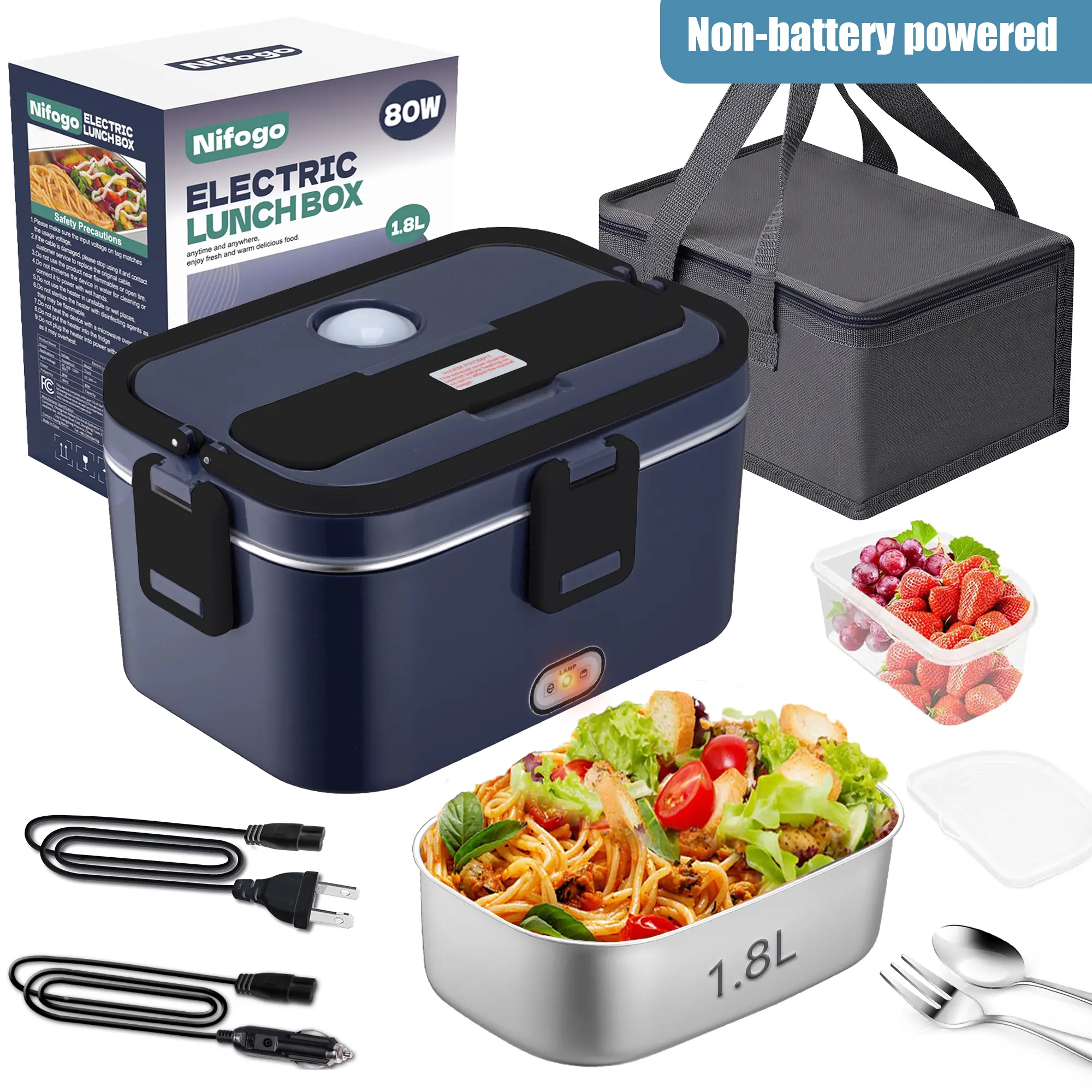 1.8L stainless steel self-heating lunch box, 80W portable warmer for commuters. 12-24V works for car and home, BPA-free, leak-proof and fast heating. It comes with cutlery and insulated bag.