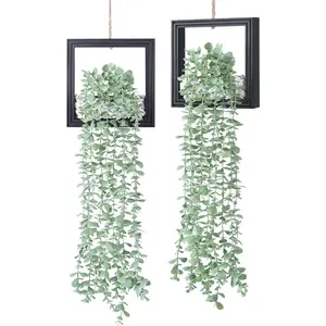 2 Pack Fake Plants Hanging, Artificial Eucalyptus Vines in Square Wooden Frame with LED Lights, Boho Wall Decor for Office Living Room Bathroom Bedroom Kitchen, 7.8 inch, Black