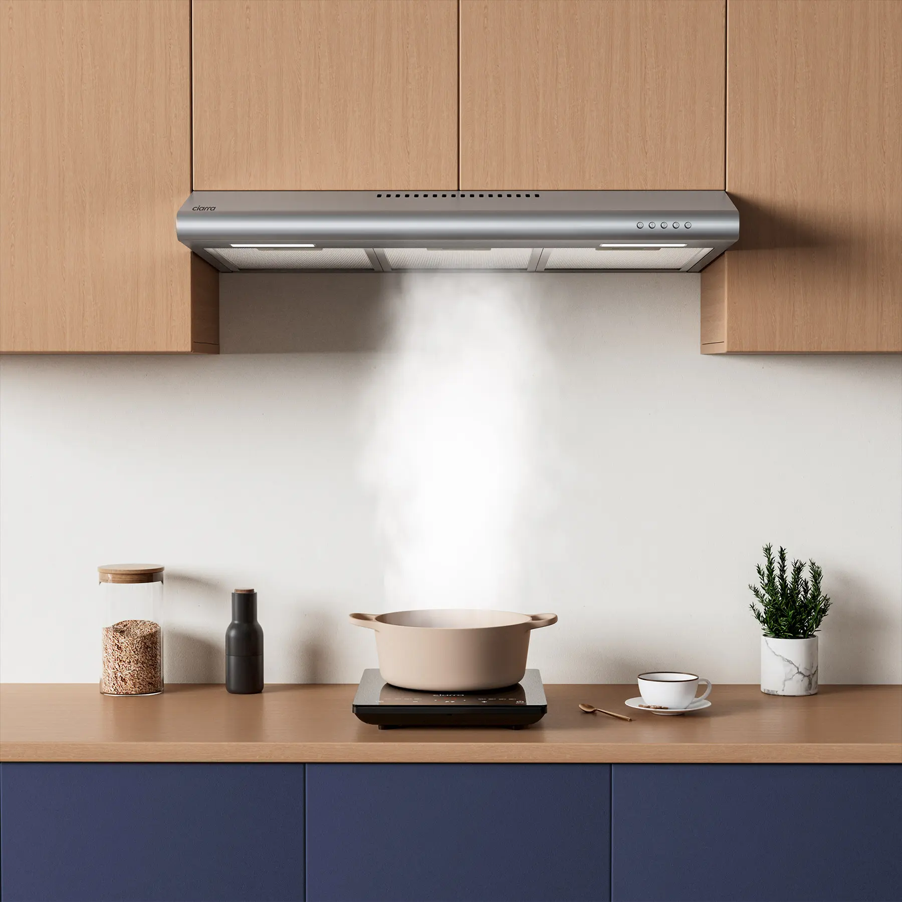 Ciarra 30-Inch Low Profile Ventless Stainless Steel Under Cabinet Kitchen Hood - 200 CFM 3-Speed Motor, Convertible, Compact Design for Your Kitchen, Advanced Ventilation Mode, Dishwasher-Safe Filters, Odor Removal, Durable Large Household Appliance