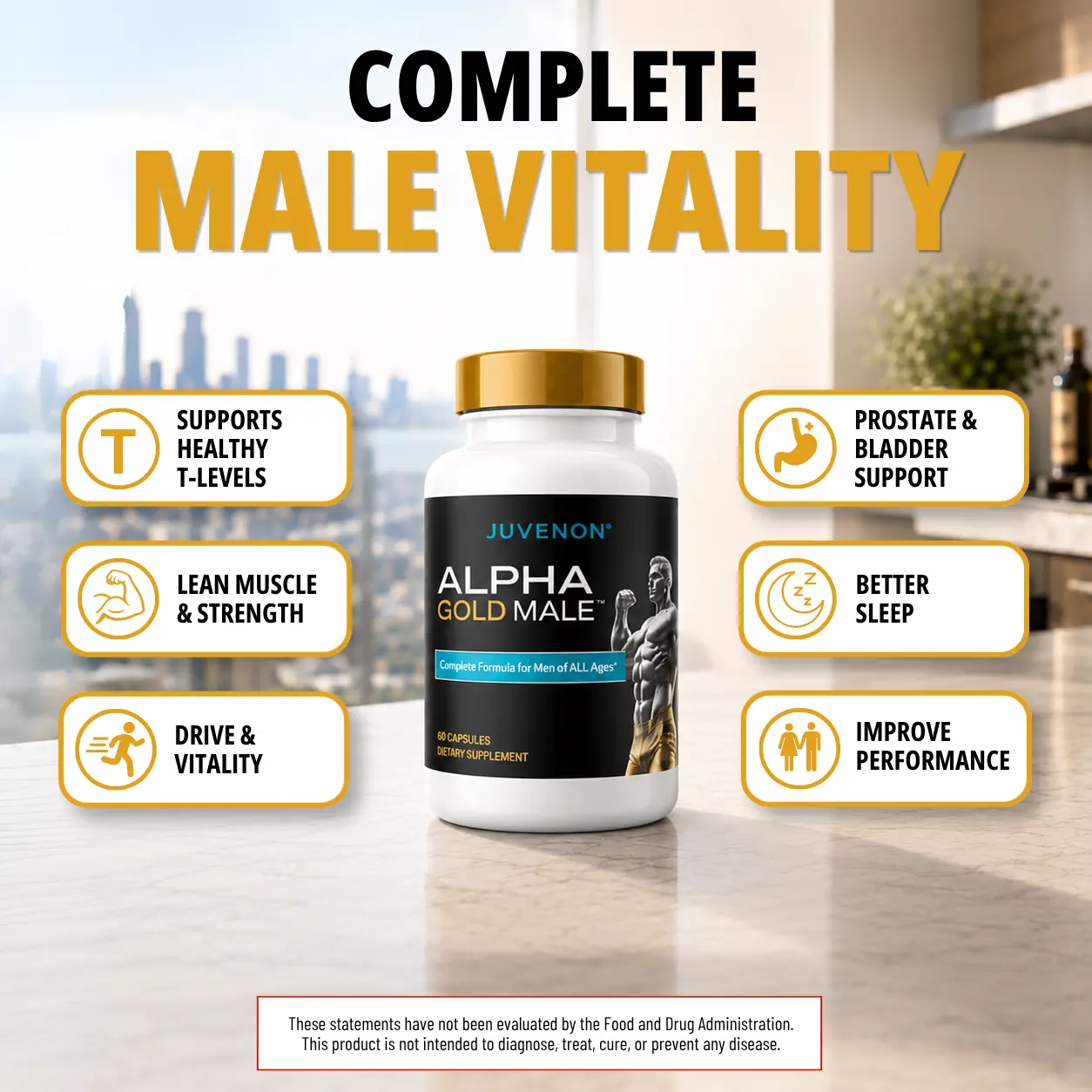 Juvenon Alpha Gold Male Testosterone Support Nutrition Supplement Stack - Caffeine-Free Lifestyle, KSM-66 Ashwagandha, Fenugreek, Boron, Saw Palmetto - Energy, Body Health, Lean Muscle, Strength, Prostate & Bladder Support - 60 Capsules, 30-Day Supply, En
