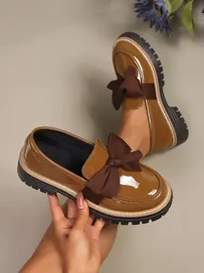 Women's New Spring Summer Glossy PU Leather Bowknot Chunky Heel Loafers, Vintage College Style Y2K Fashion, Slip-On Design