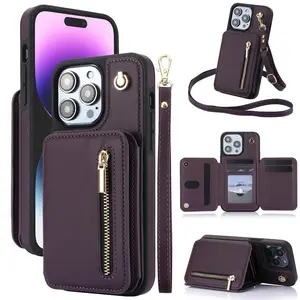Multifunctional PU Leather Crossbody Zipper Wallet Phone Case with Lanyard, 1 Count Shockproof Phone Protective Case for iPhone 11 12 13 14 15 16 17 Pro Max/Pro/Plus, Cover