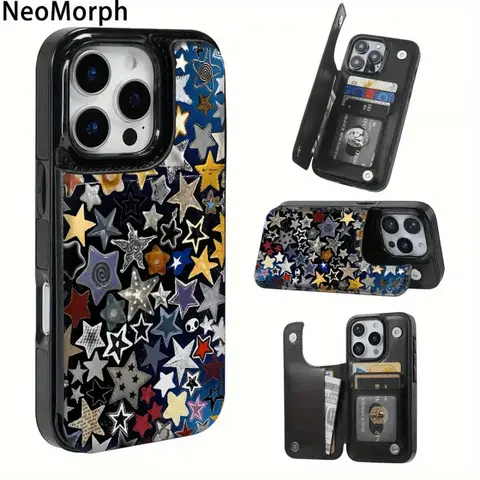 Cute Vintage Retro Star PU Leather Phone Case - Shockproof Protective Cellphone Cover with Card Holder, Cash Slot, Accessories Storage for iPhone 17/16/15/14 Pro/14 Pro Max/13/12 Pro Max/Plus/Air (Phone Casing)