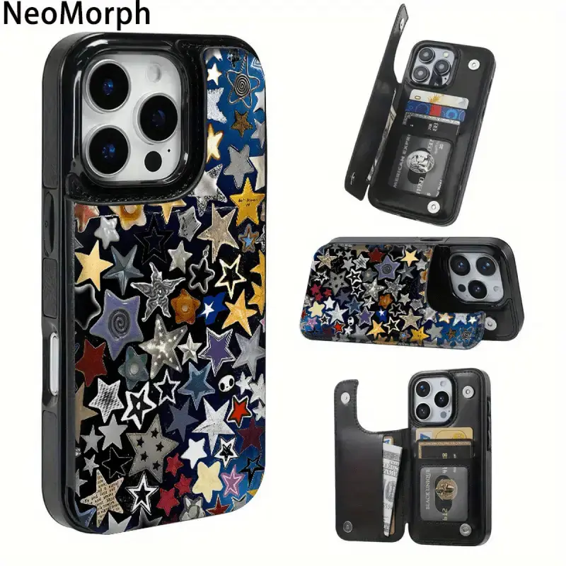 Cute Vintage Retro Star PU Leather Phone Case - Shockproof Protective Cellphone Cover with Card Holder, Cash Slot, Accessories Storage for iPhone 17/16/15/14 Pro/14 Pro Max/13/12 Pro Max/Plus/Air (Phone Casing)
