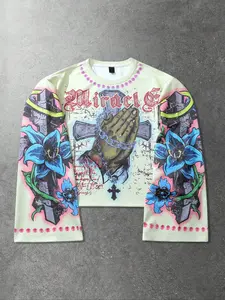 Men's street style khaki short crew neck sweatshirt with cross pattern, autumn/winter style, long sleeve top