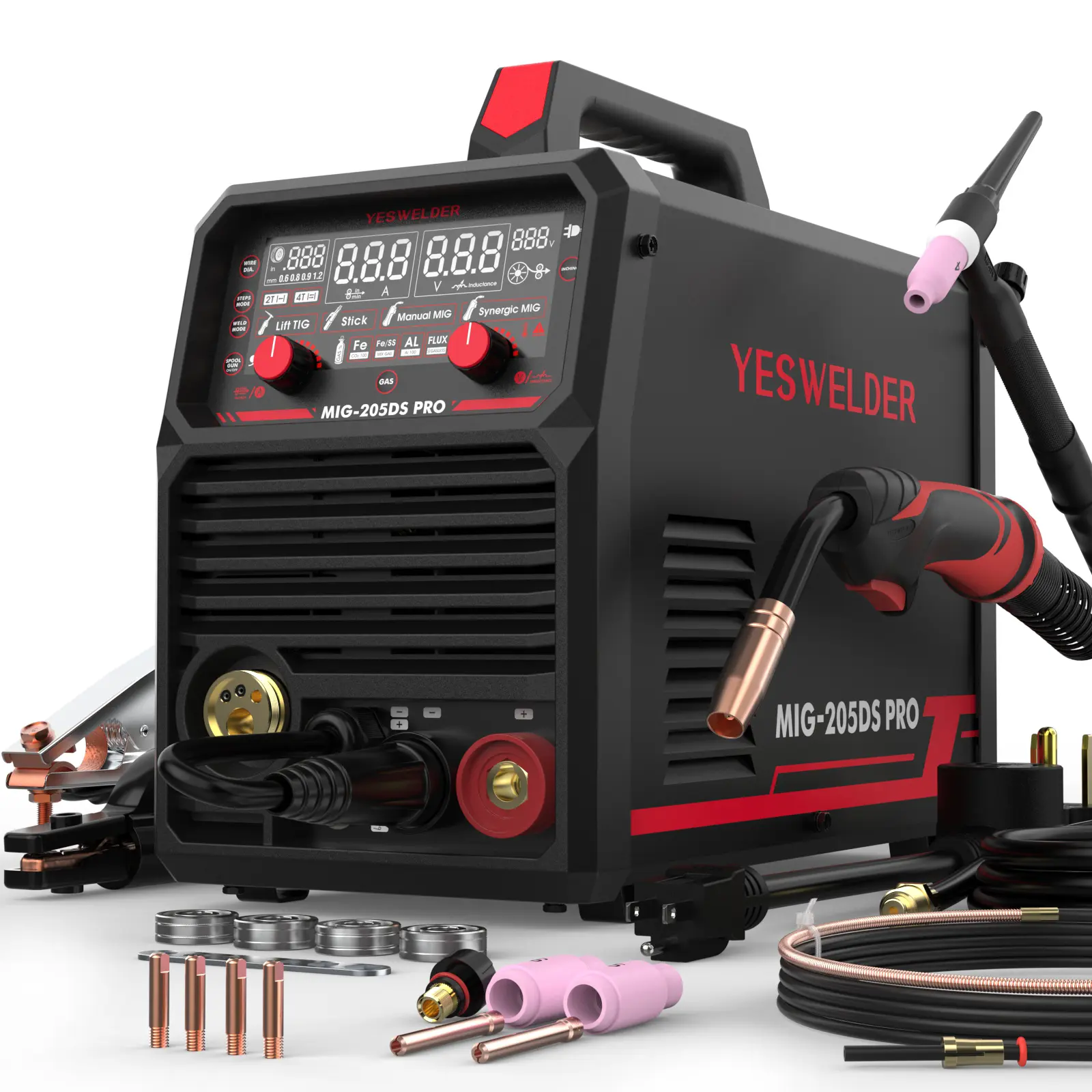 YESWELDER MIG-205DS-PRO Aluminum MIG Welder 205Amp with Lift TIG Torch | Synergic Control, 110/220V Dual Volts & Large LED Display | 5-In-1 Gas MIG/Flux Core/Spool Gun/Lift TIG/Stick Multiprocess Welding Machine