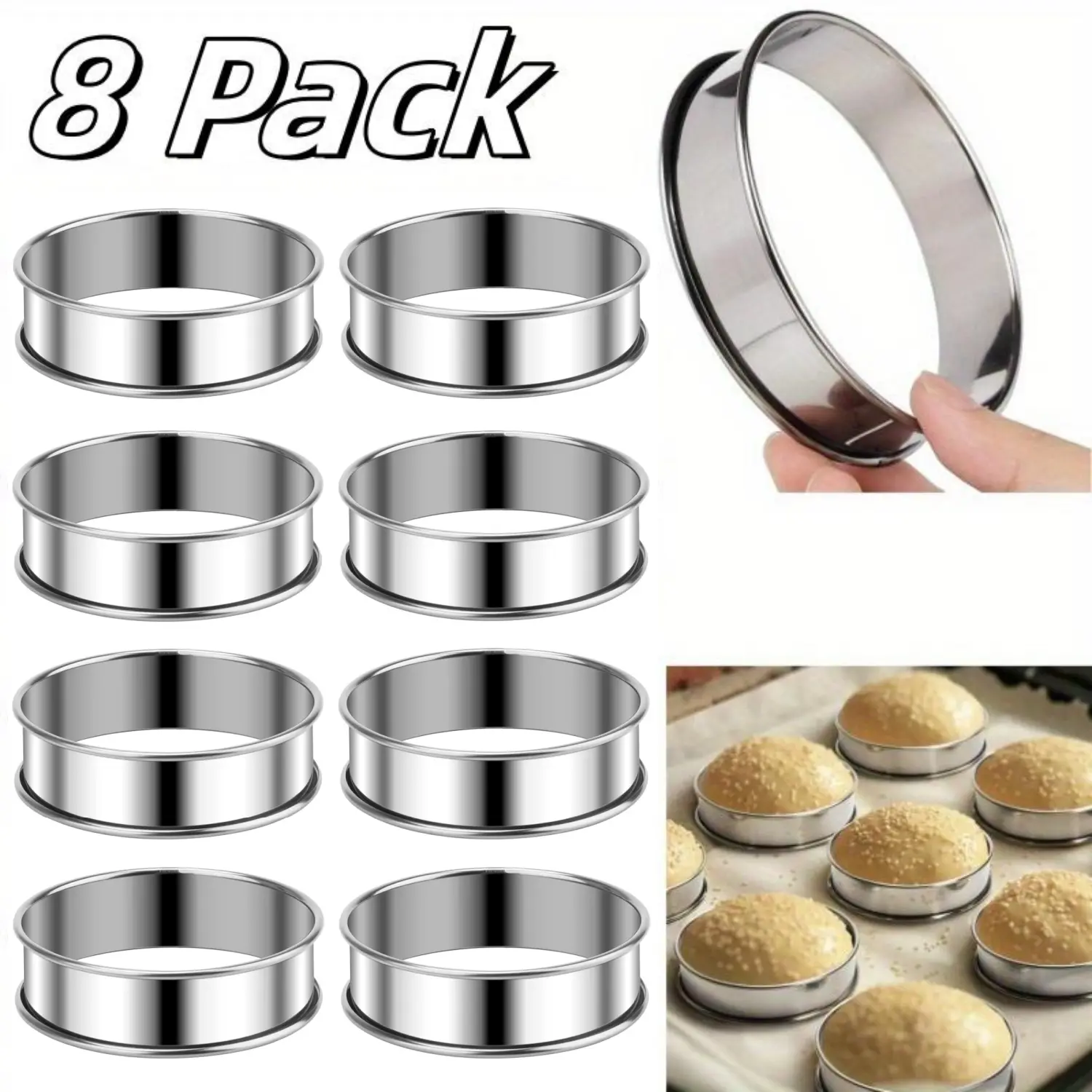8/12PCS Double Rolled Crumpet Rings English Muffin Rings Nonstick Stainless Steel Pastry Tart Rings for Baking Round Egg Ring Molds Kitchen Cooking Baking Accessories