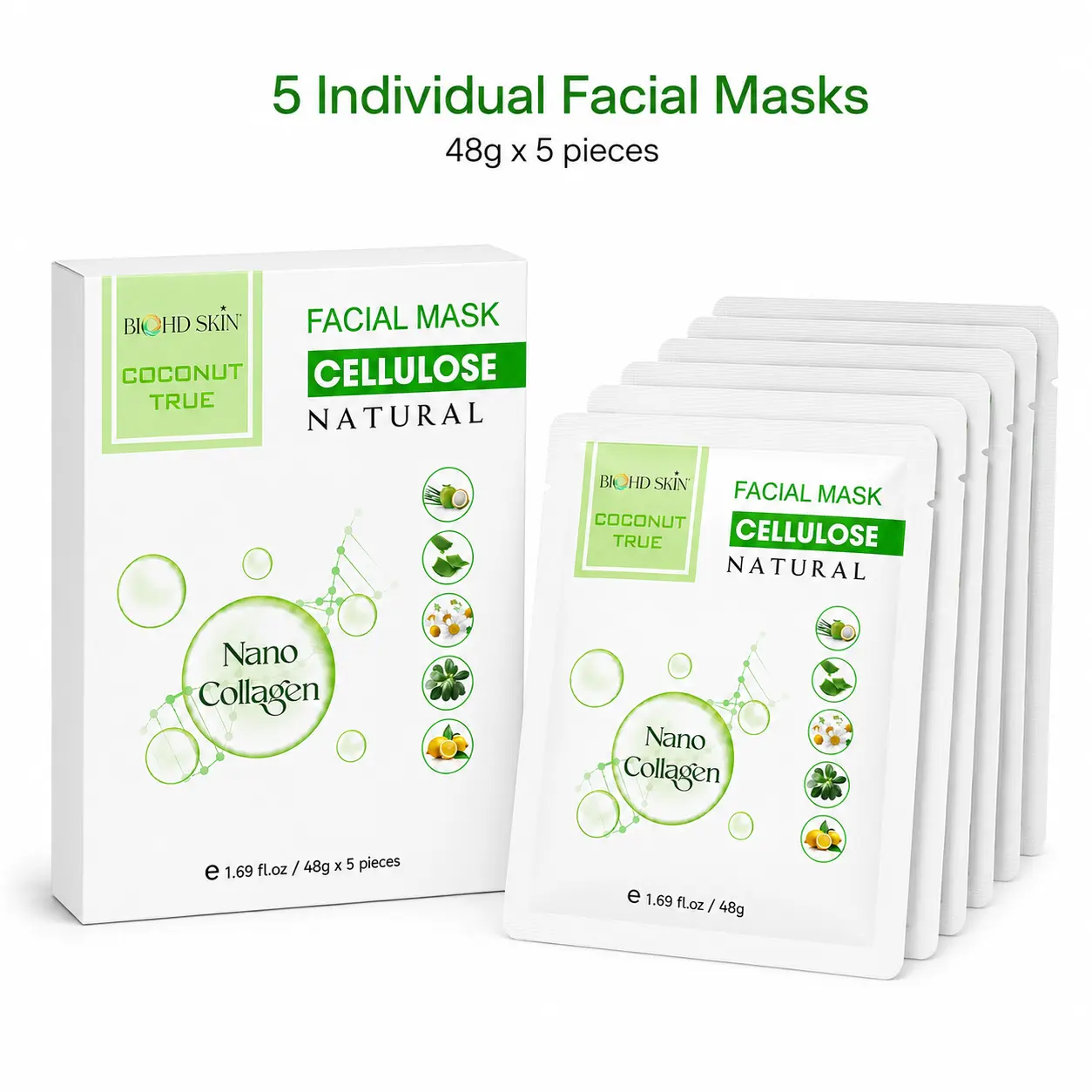 Bio-Collagen Face Mask – Korean Glass Skin Coconut Bio Cellulose Sheet Mask (5 Sheets)