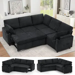 ACMEASE 85" Chenille Reversible Sectional Sofa w/Pull Out Bed, Upholstery L-Shaped Couch w/Storage Armrests & Cup Holders, Modern Corner Sofa w/USB Charging Port & Throw Pillow for Living Room
