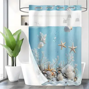 LVRLVR 1pc Ocean Themed Underwater Coral Seashell Starfish Pattern Polyester Double Layer Lined Shower Curtain 70.874 Inches/180188cm