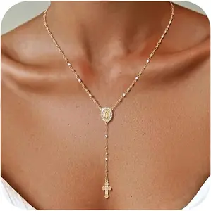 Women's Rose Gold Virgin Mary Necklace - 14k Gold Plated Rosary Bead Cross Necklaces,Hypoallergenic Non Tarnish Gold Catholic Y Chain Necklace,Religious Rosary Beads Crucifix Necklaces Jewelry Gift for Her