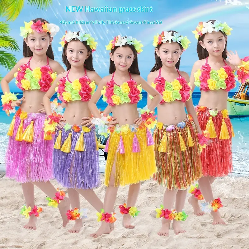 Girls' 7-Pieces Hawaiian Grass Skirt Set - 40cm Thick Layer, Free Size Party Wear for Children's Day Dance Performances (Blue), Childrens Day