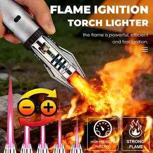 Windproof Refillable Butane Lighter with Turbine Jet Flame, Safety Lock & Adjustable Windproof Torch - Heavy-Duty Portable Outdoor Lighter Suitable for Camping, BBQ, Cigar, Candle (Butane Not Included)