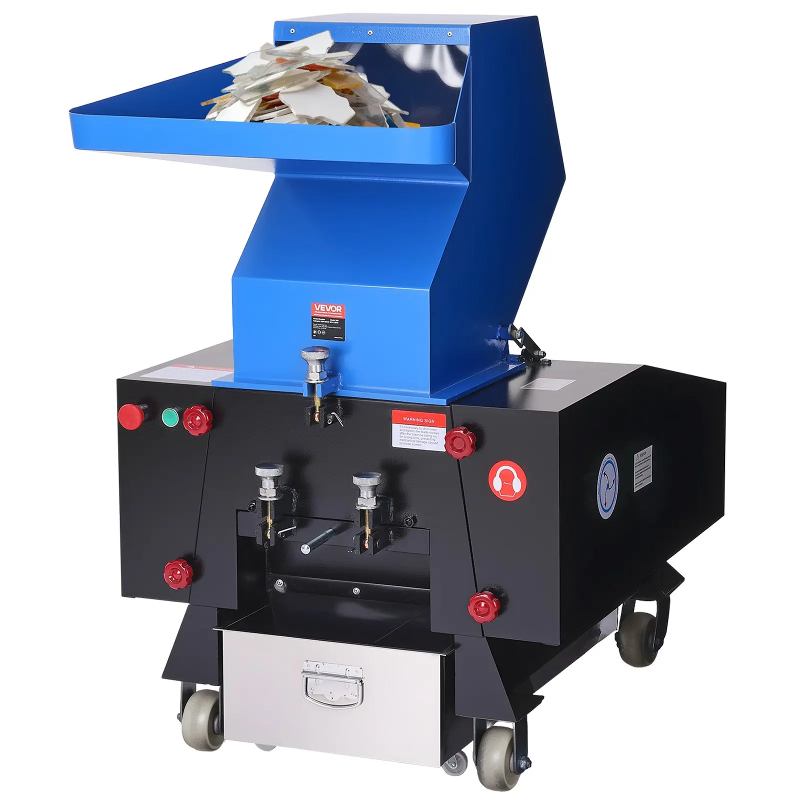 VEVOR Plastic Shredder Crusher, 10HP/7.5KW Plastic Grinder Granulator, 250-450kg/h Capacity Pulverizer Recycling Machine with Wheels, SDK-11 Blade 10mm Mesh for PVC PTFE (220V 60Hz 3-Phase)