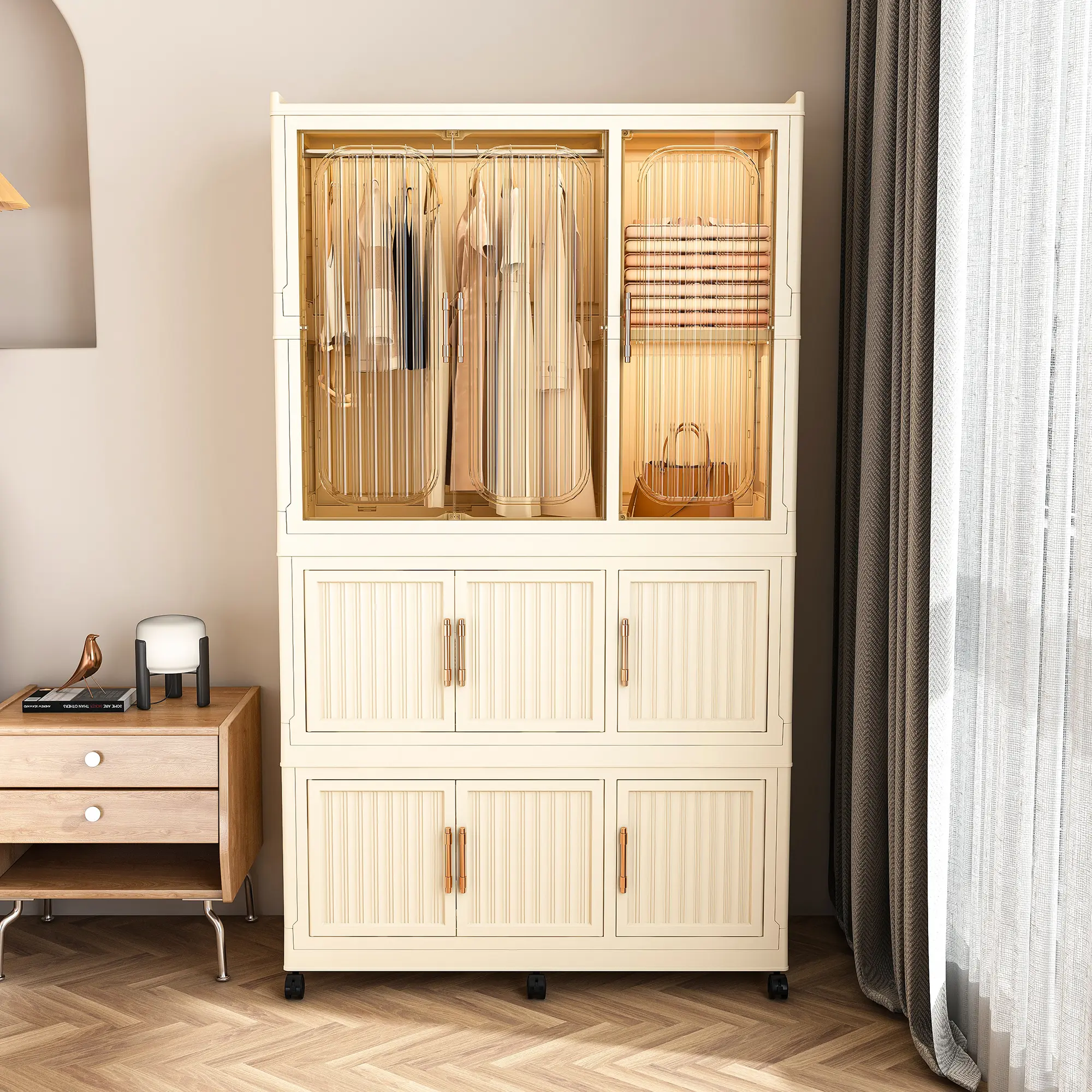 Portable Wardrobe Closet Storage Organizer for Clothes with 9 Magnetic Doors, 9 Cubes & Hanging Rod, 6 Hangers Included, Sturdy PP Material, Easy Assembly, Cream White, No Bed Included