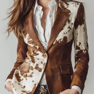 Retro cowhide printed eco-friendly suede sports jacket | Women's Western cowhide leather jacket | Sustainable cowhide printed jacket GARMENTARY