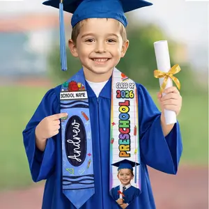 Personalized Kids Graduation Stole with Photo: Kindergarten Boy Pencil Stole, Pre-K Grad Sash, Cute Class Of 2026 Graduation Gift for Son