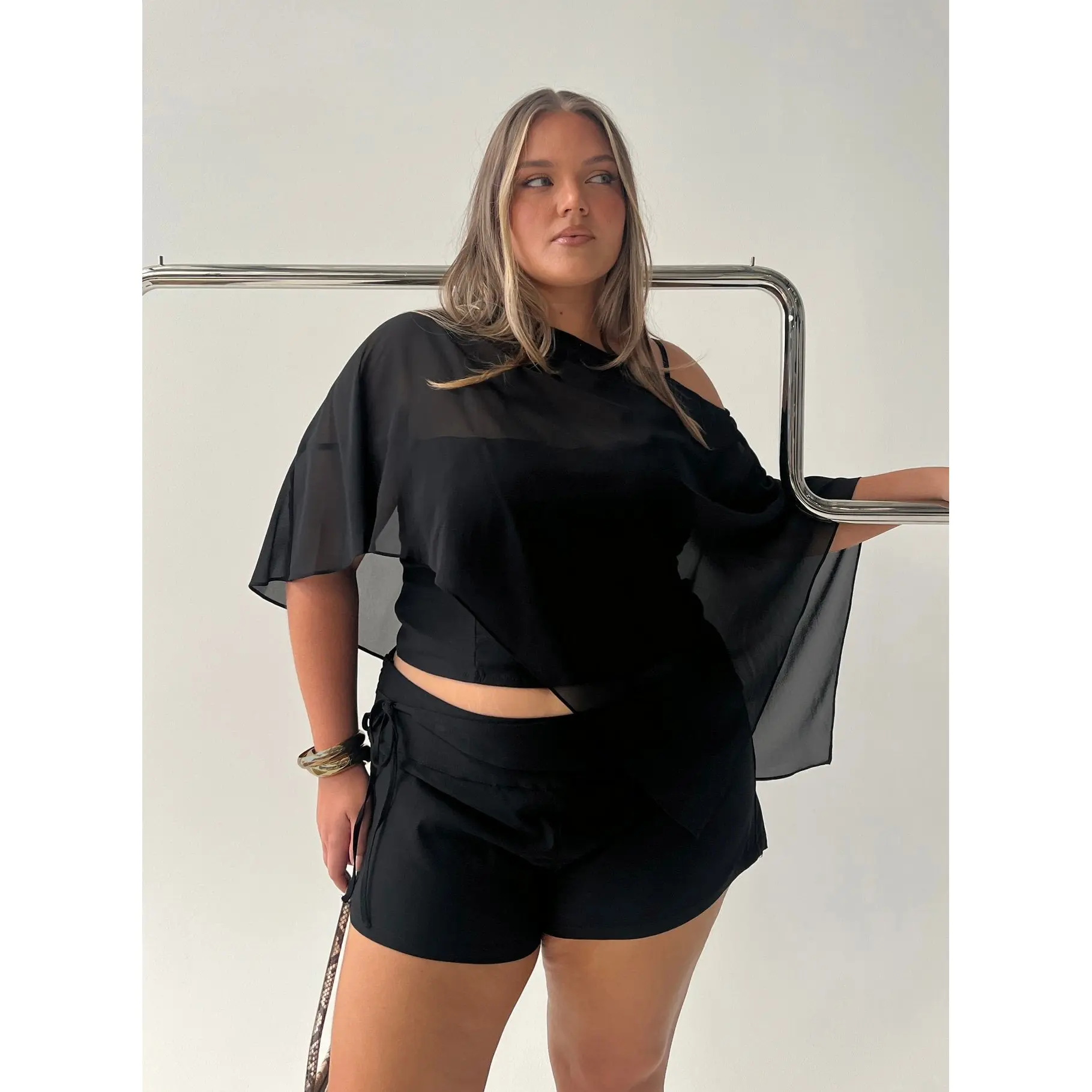 Senzo Chiffon Poncho Top Black Curve