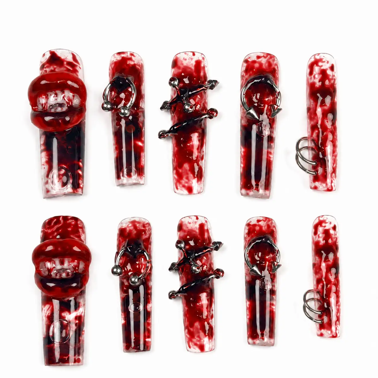 Women's Halloween Vampire Handmade Reusable Press On Nails Full Kit (10pcs) - Extra Long Square Glossy Red Blood Effect, 3D Mouth Design Thumb, Metal Ring & Spike Details, Gothic Thorn Charms, Micro Red Beads, Just Press, Wear, and Slay for Party, Cosplay