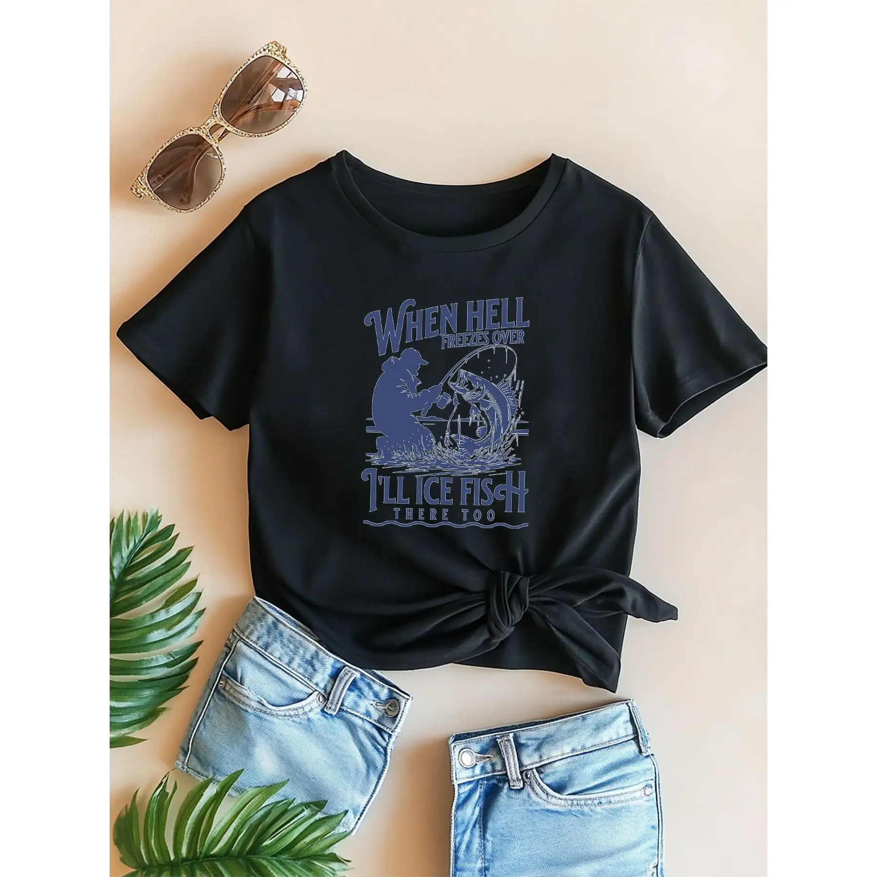 Women's Plus Size Graphic T-Shirt, Casual Round Neck Top in 100% Cotton with a Draped Cut and "When Hell Freezes Over" Ice Fishing Humor, Ice Fishing Humor Graphic, Shortsleeve, Tshirt, Digital Print, Loose-Fit, Ice Fishing Print