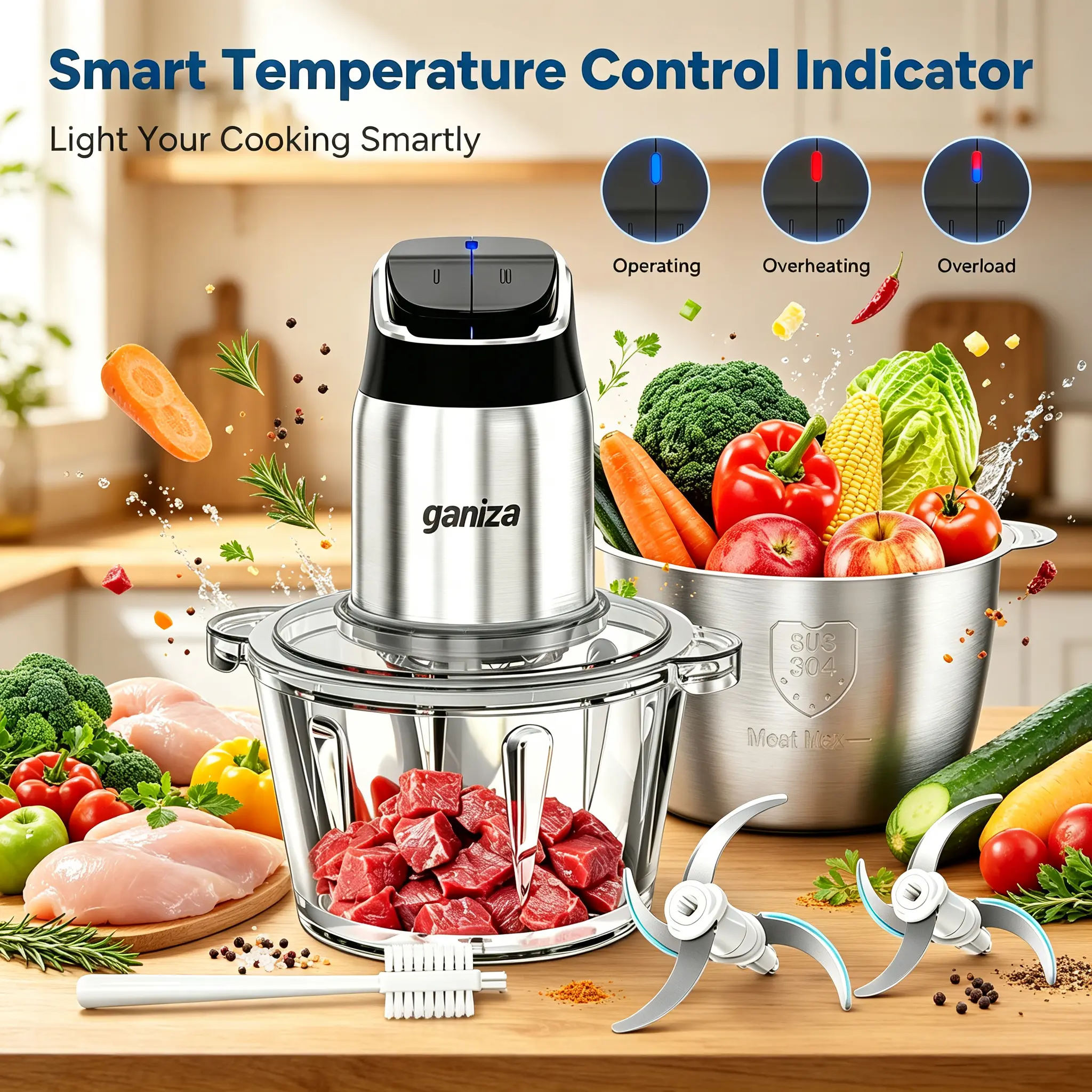 Ganiza Food Processor with 8 Cup Glass Bowls & 8 Cup Stainless Steel 2-Speed Food Chopper Meat Grinder Upgraded Button & Smart Overheat Protection Light - Includes Clean Brush 2 Sets of Blades Kitchen Vegetable Slicer Vegetable Cutter Kitchen Appliances,