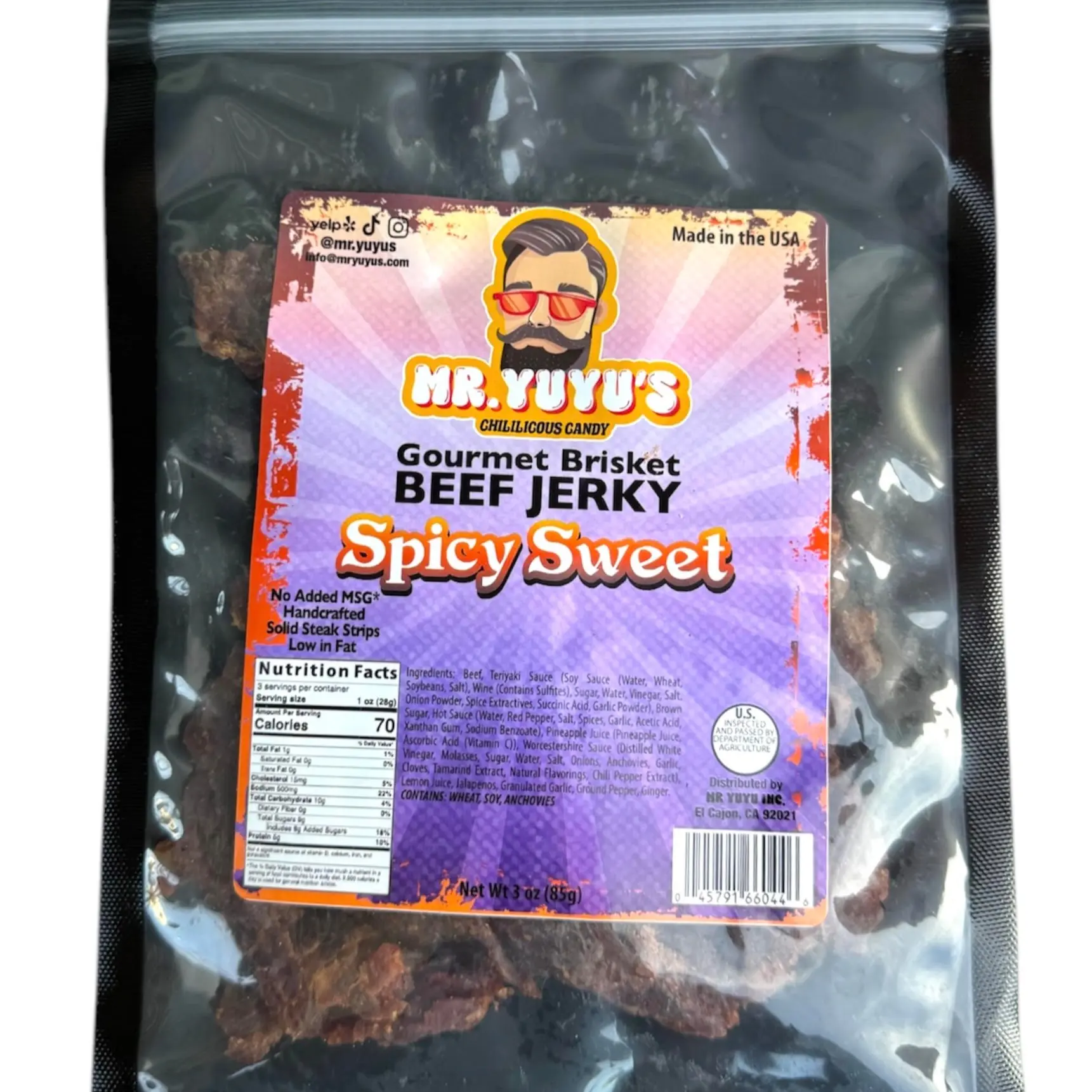 Mr. YuYu's Gourmet Brisket Beef Jerky Spicy Sweet - Made in USA, Tender Brisket Flavor, Spicy Sweet Blend, Low Fat, Satisfying Snack