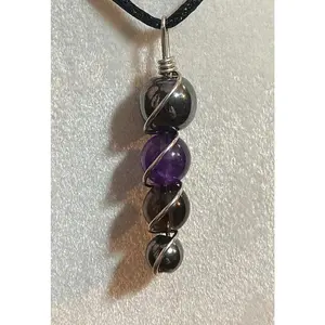 Grief & loss gemstone beaded necklace wire wrapped crystal bead pendant smoky quartz amethyst hematite
