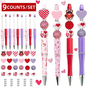 9pcs Heart Bear Love Valentine's Day Ink DIY Bead Pen Set, Beaded Pens, Fun Pens, Shiny Acrylic Beads, Wedding Party Gift