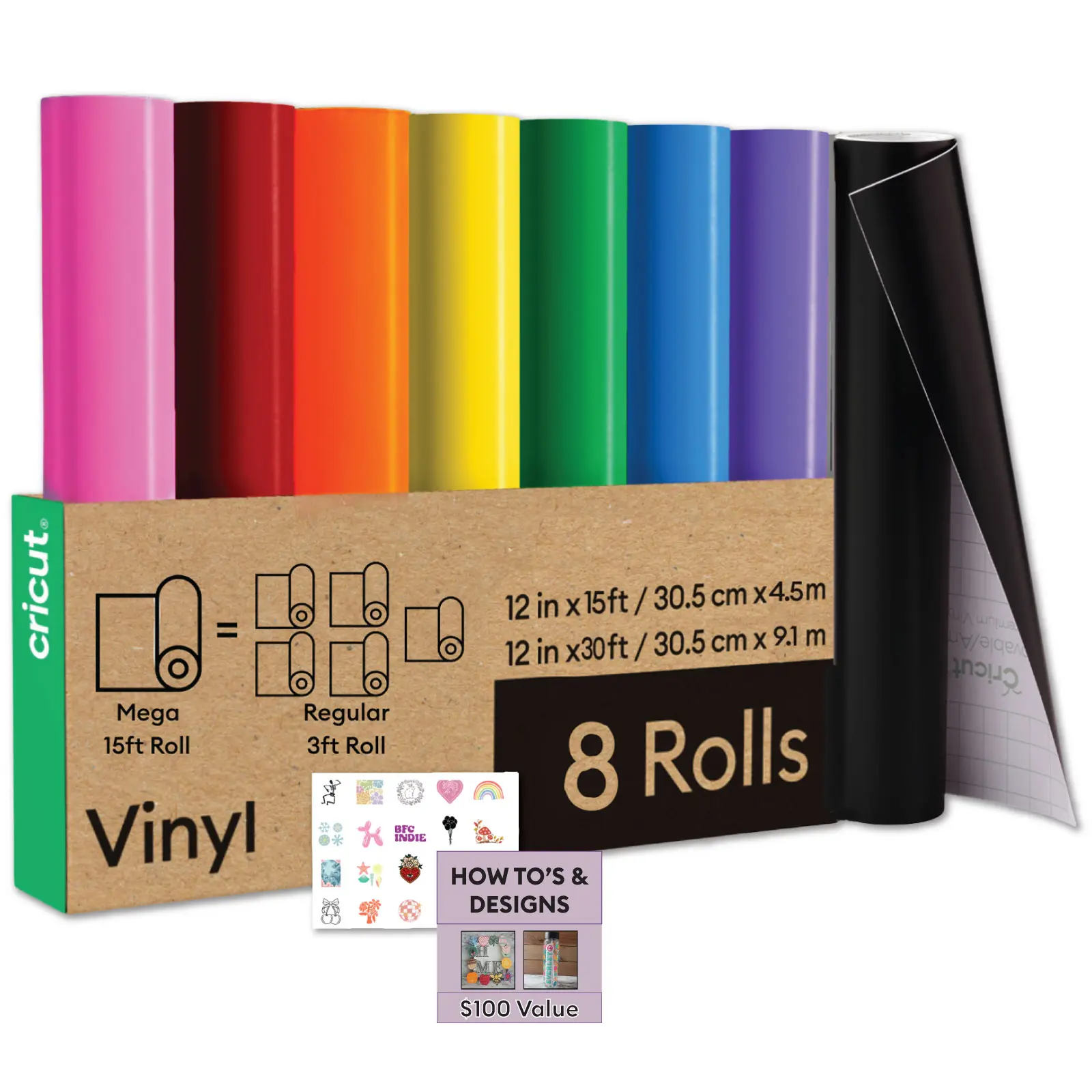 Cricut Vinyl Variety Pack Bulk Bundle - 8 Rainbow Multicolor Craft Adhesive Vinyl Rolls for Decals, Labels, Signs, Classrooms & DIY Projects, 12 in x15 ft Premium Vinyl Rolls