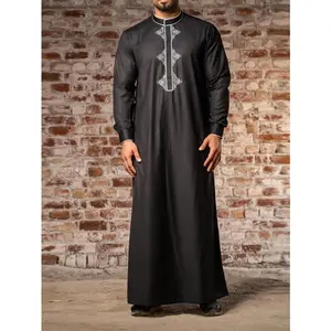 Islamic Muslim Arab thobe, men’s black long-sleeve classic embroidered robe, Ramadan/Eid kaftan with pocket—great for doing housework, reading, or napping at home.