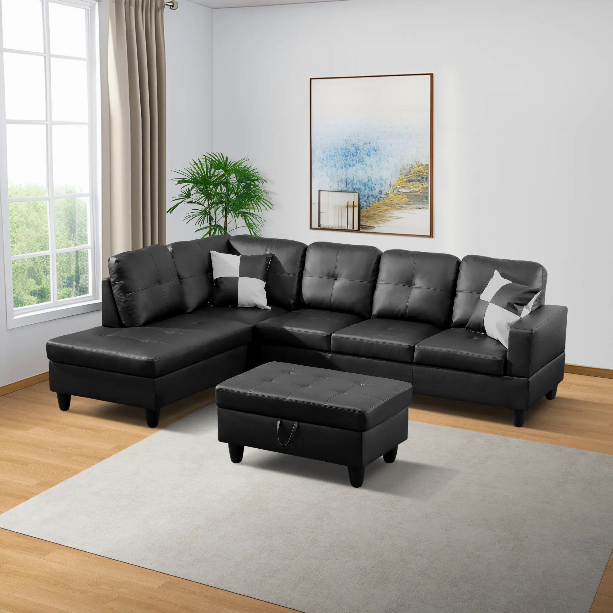 3-Piece Sturdy Matte Black Premium Faux Leather Combination Sofa Set, Oil-Proof Easy-Clean Modern Upholstered Lounge Couch for Contemporary Living Room, Assembly Required, Indoor Furniture Sofa, Living Room Decor