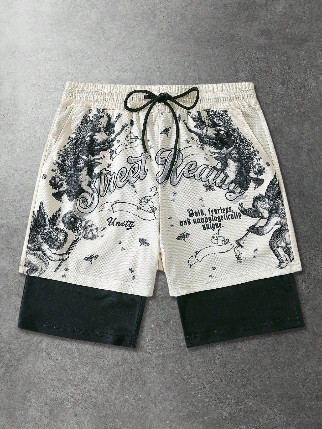 2026 Summer Street Reality Cherub Graphic Mesh Shorts - 2-in-1 Double Layer Breathable Gym Wear, Hip Hop Loose Fit Basketball Shorts for Men