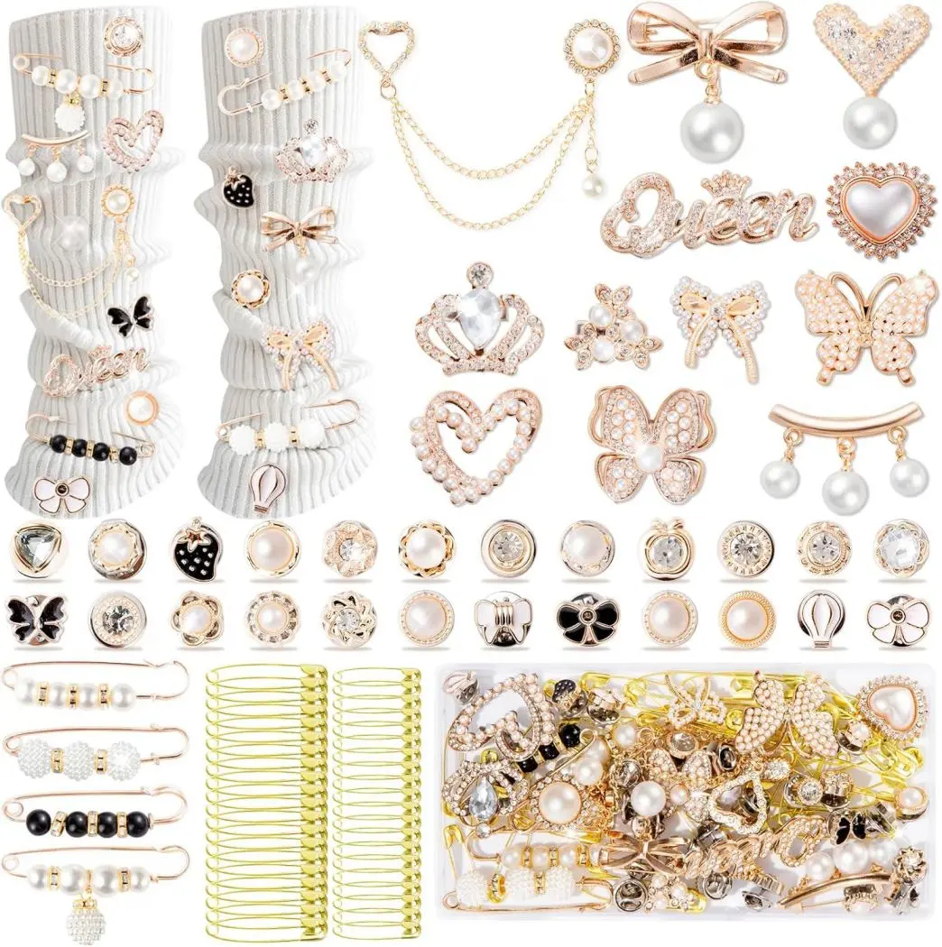 80pcs Junk Socks Charms Kit, Gold Brooches and Pins for Women,Pearl and Rhinestone Shoe Charms with Safety Pins for Hat Clothes Bags